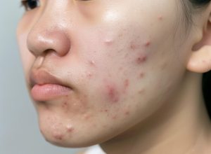 Young Singaporean woman with facial acne considering various acne treatment options